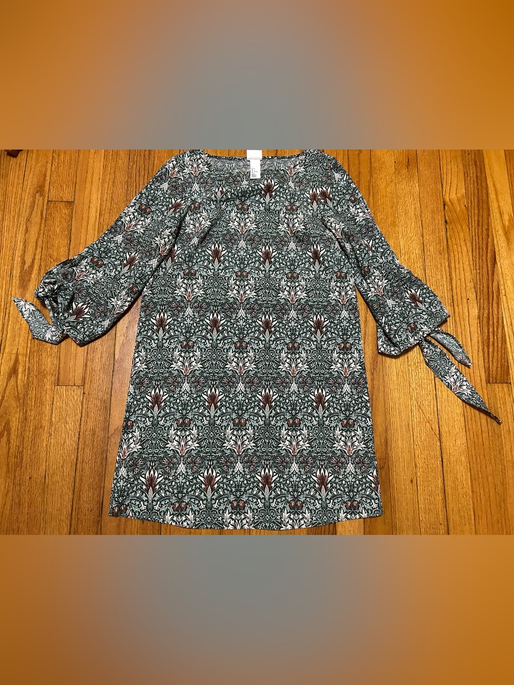 Morris & Co x H&M Womens Green Floral Print Shift Dress Tie Sleeve‎ - US Size 2